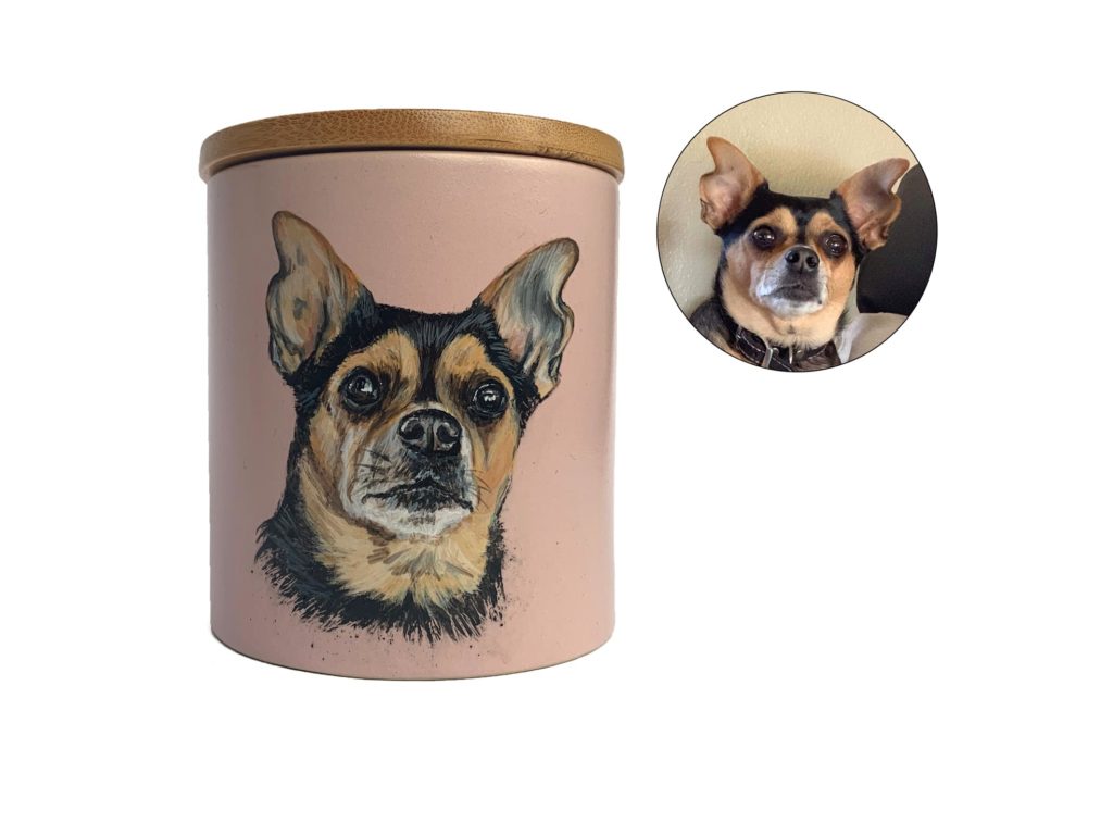 Custom cremation urn with pet portrait